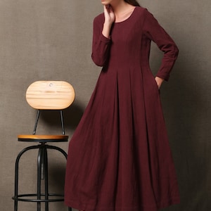 Burgundy Linen Dress Semi-fitted Long Maxi Plus Size - Etsy