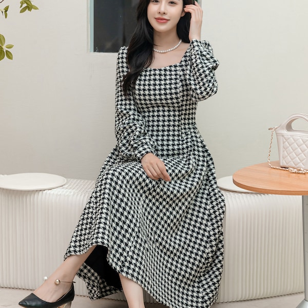 Midi Houndstooth Wool Dress, Midi dress,  Long Sleeve dress, Winter Dress, Womens Plaid Wool Dress, A Line Wool Dress, Custom Dress C3097