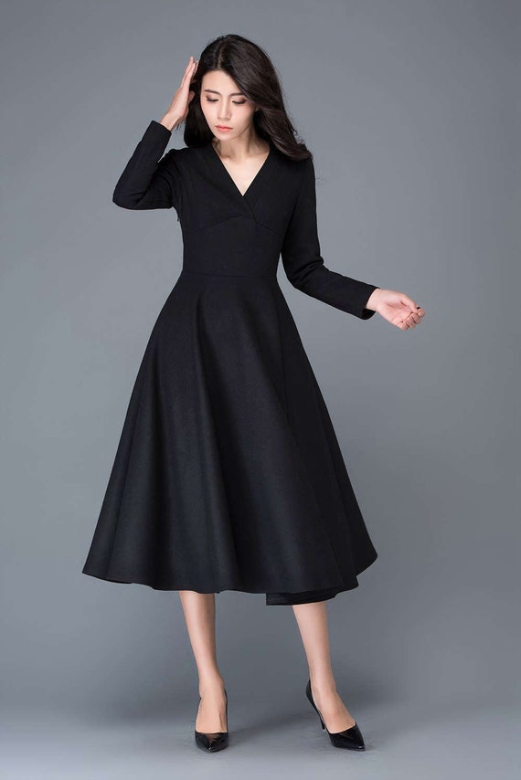 Wool Dress, Woman Dress, Winter Dress, Vintage Dress, Womens Dresses  Formal, Midi Dress, Swing Dress, Black Cocktail Dress, Custom C1027 -   Canada