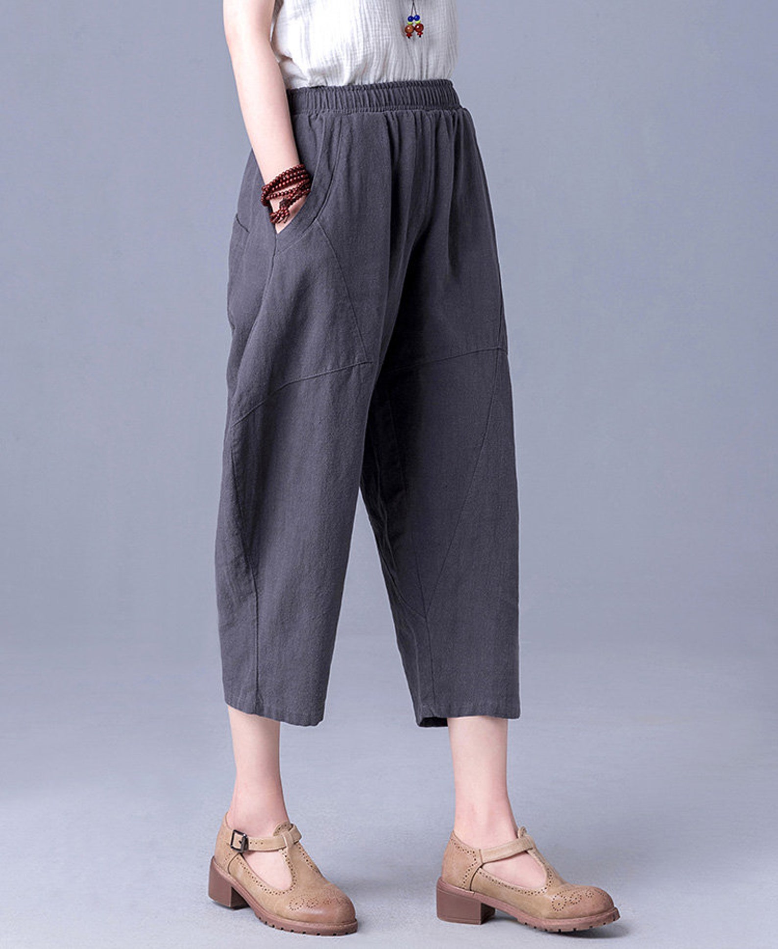 Women Calf-length Pants Cotton Capri Pants Elastic Waist Linen | Etsy