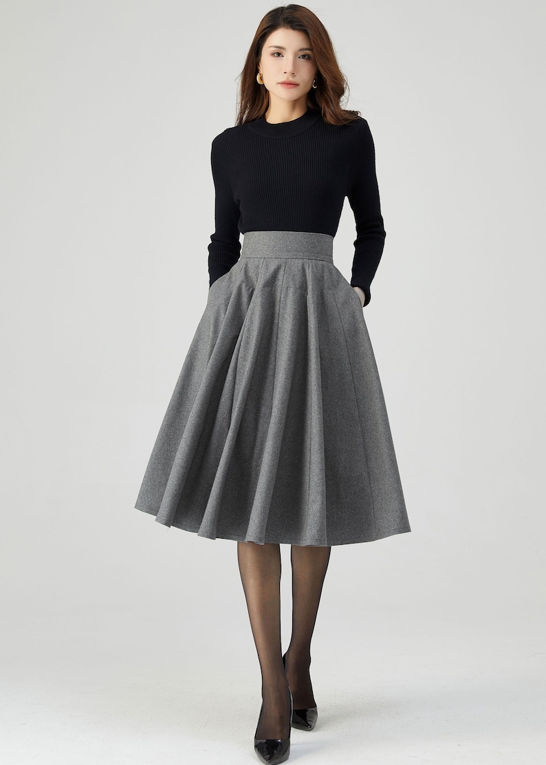 Knee Length Skirt, Wool Skirt Women, Skater Skirt, Pleated Wool Skirt, Gray Skirt, Autumn Skirt, High Waisted Skirt, Made to Order C3549 image 2