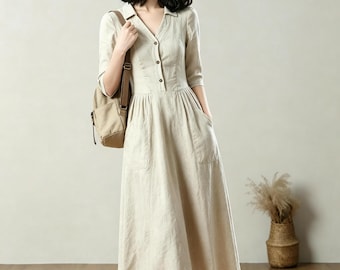 Beige Linen Shirt Dress, Casual Button Up Midi Dress, Relaxed Fit Dress with Pockets, Women A-Line Dress, Custom Dress, Ylistyle C5611