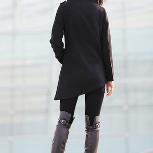 Black coat, Wool coat, winter coat, woman coat, Asymmetrical coat, high collar coat, zipper coat, short coat, handmade coat C227 image 6