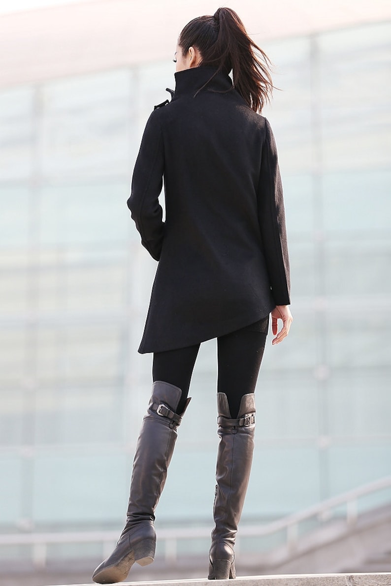 Black coat, Wool coat, winter coat, woman coat, Asymmetrical coat, high collar coat, zipper coat, short coat, handmade coat C227 image 6