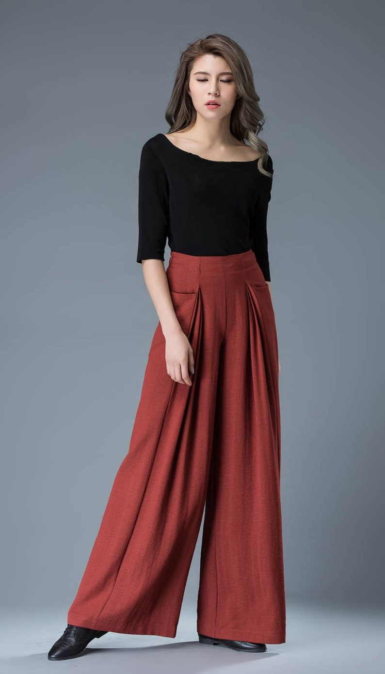 wide leg pants womens pants High waisted pants long trousers casual pants C827 linen trousers red pants pleated pants flared pants