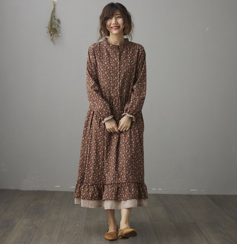 Midi DressClassic Dress Breathable Linens Floral Linen Dresses Linen Clothing Floral Dress Softened Vintage