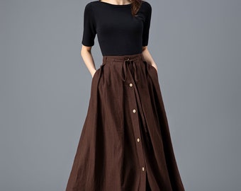 パリコレクション Button Skirt, Maxi Linen Down Skirt Brown Skirt, Linen スカート