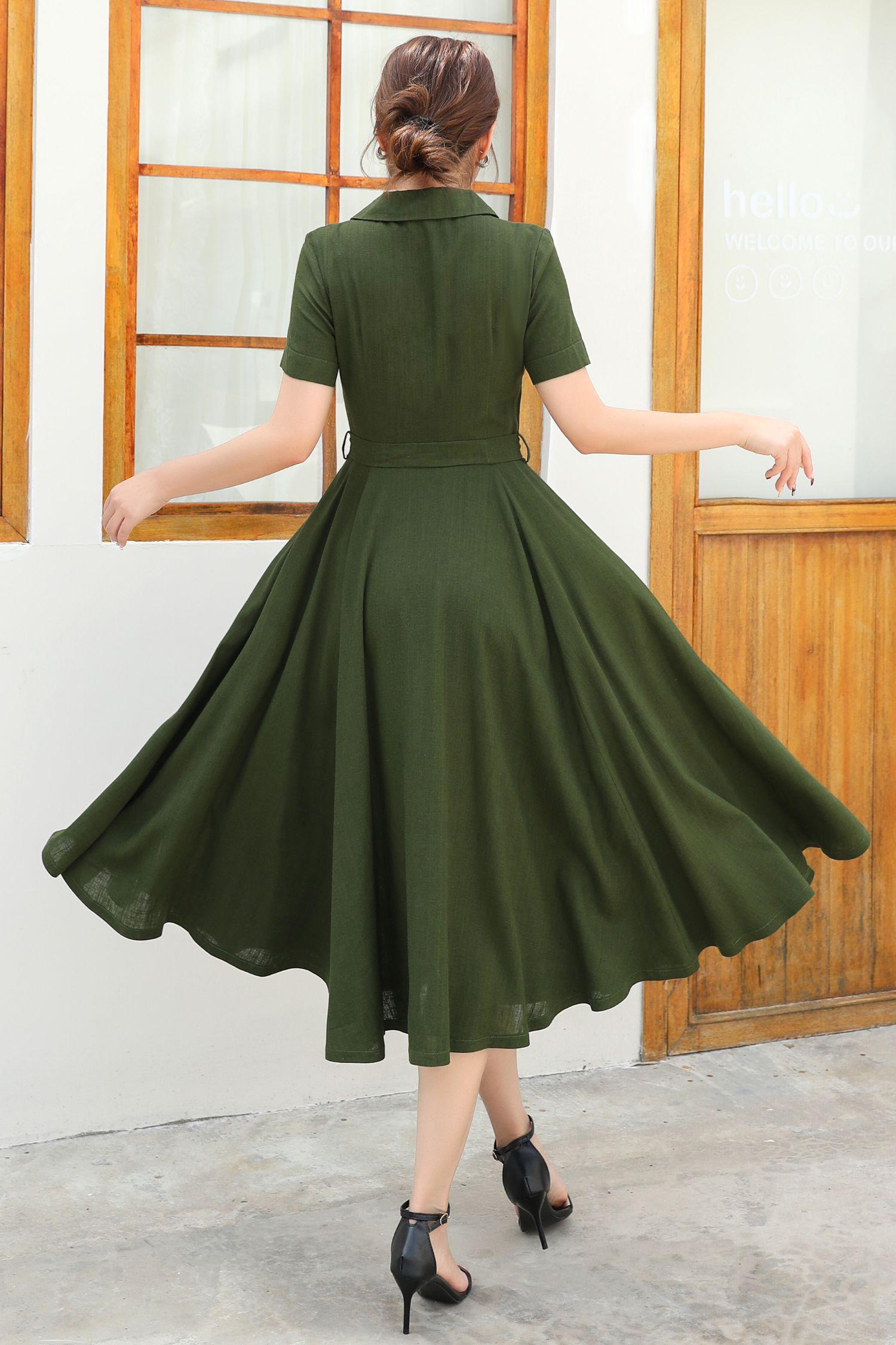 Green Linen Shirt dress, Button down dress, Summer womens A Linen Linen Midi dress, Date dress, Work dress, Custom dress, ylistyle C4833
