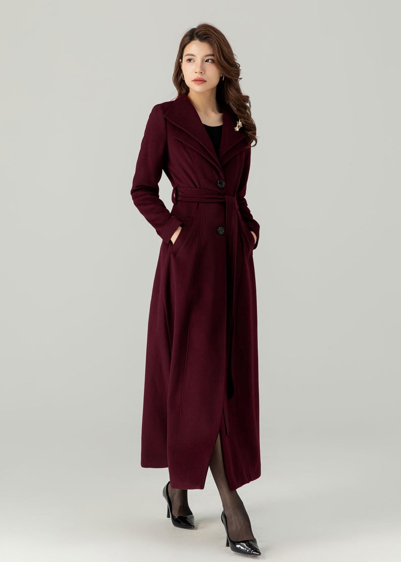 Casaco comprido de lã bordô feminino, Casaco de inverno de lã feminino, Casaco treché de lã, Casaco maxi de lã, Casaco de lã com cinto, Casaco feito à mão, Ylistyle C3693 imagem 4