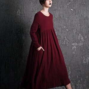 Plus Size Organic Linen Long Maternity Dress, Pleated Loose Dress with Pockets, Causal Maxi Dress Women, Long-Sleeved Dress Clothing C496 image 3
