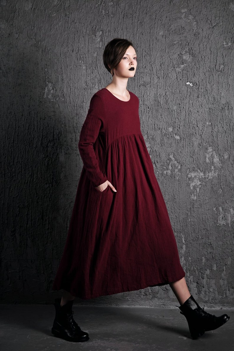 Plus Size Organic Linen Long Maternity Dress, Pleated Loose Dress with Pockets, Causal Maxi Dress Women, Long-Sleeved Dress Clothing C496 image 3