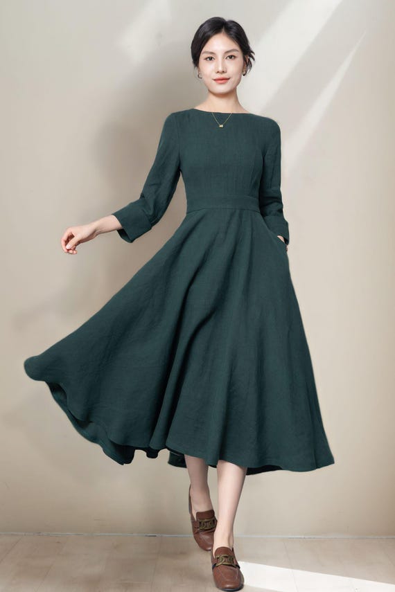 fit and flare dress with 3 4 sleeves Dark Green Linen Midi Dress