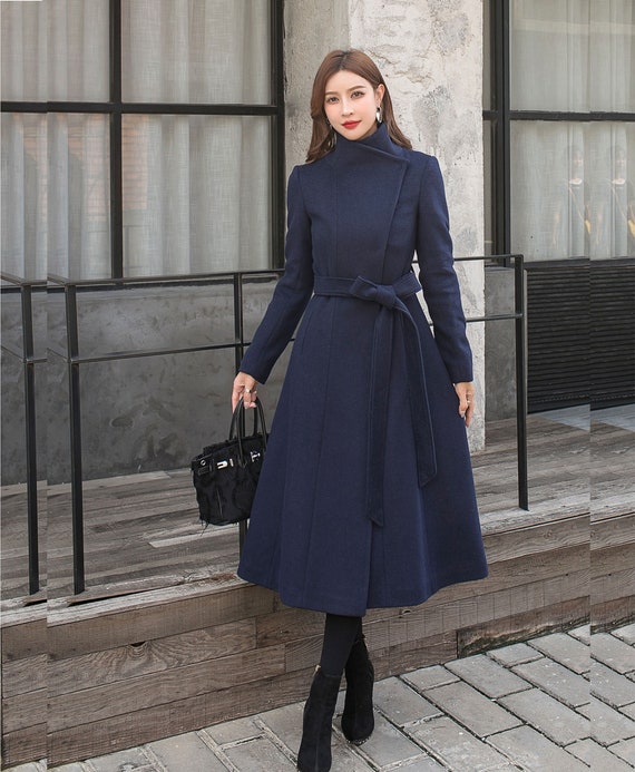 Blue Wool Coat Women, Long Wool Wrap Coat, Asymmetrical Warm Winter Coat,  Wool Trench Coat, A-line Belt Wool Coat, Ylistyle C2576 - Etsy