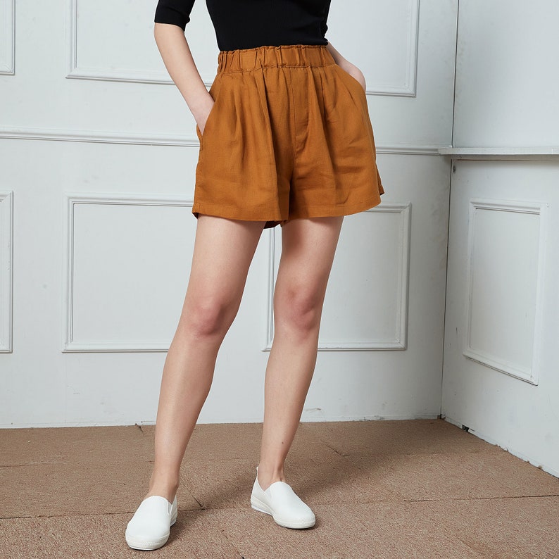 Linen Shorts, High Waisted Linen Shorts for Women, Yellow Linen Beach Shorts with pocket, Women Linen shorts, Custom shorts C1393 image 7