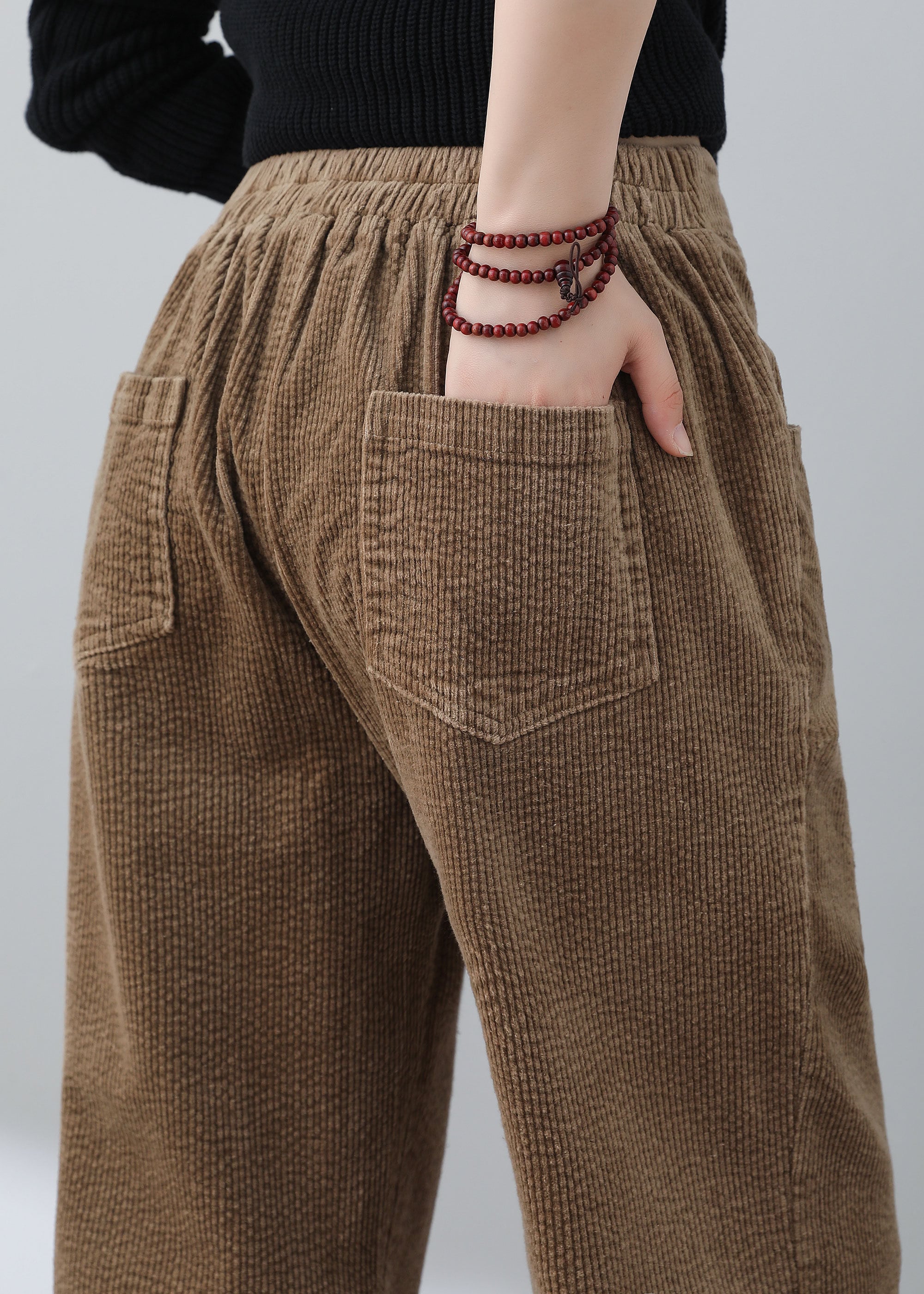 Women's Elastic Waistband Mid-Waist Corduroy Wide Leg Slit Pants –  OliverandJade