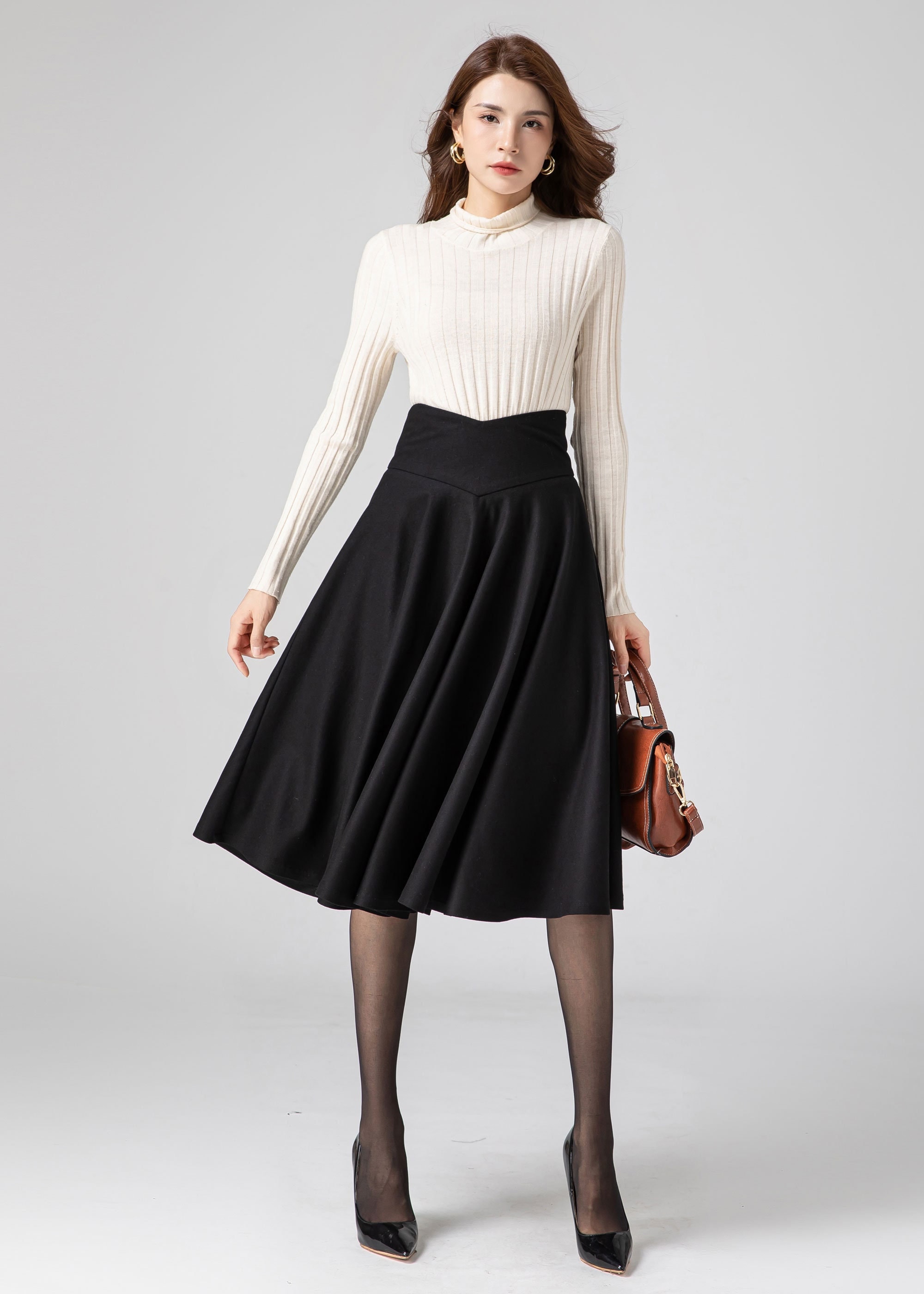 Black Wool Skirt, Midi Wool Skirt Women, Swing Skirt, Autumn Black Wool Skirt, Midi Wool Skirt Women, Swing Skirt, Autumn