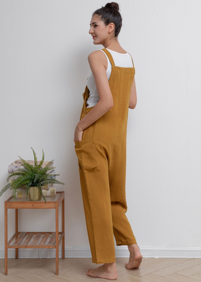 Women Linen Jumpsuit, Casual Linen Overalls, Loose Linen Harem Jumpsuits, Womens linen Romper, Yellow Linen Jumpsuit, Loose Pants C2943 image 6