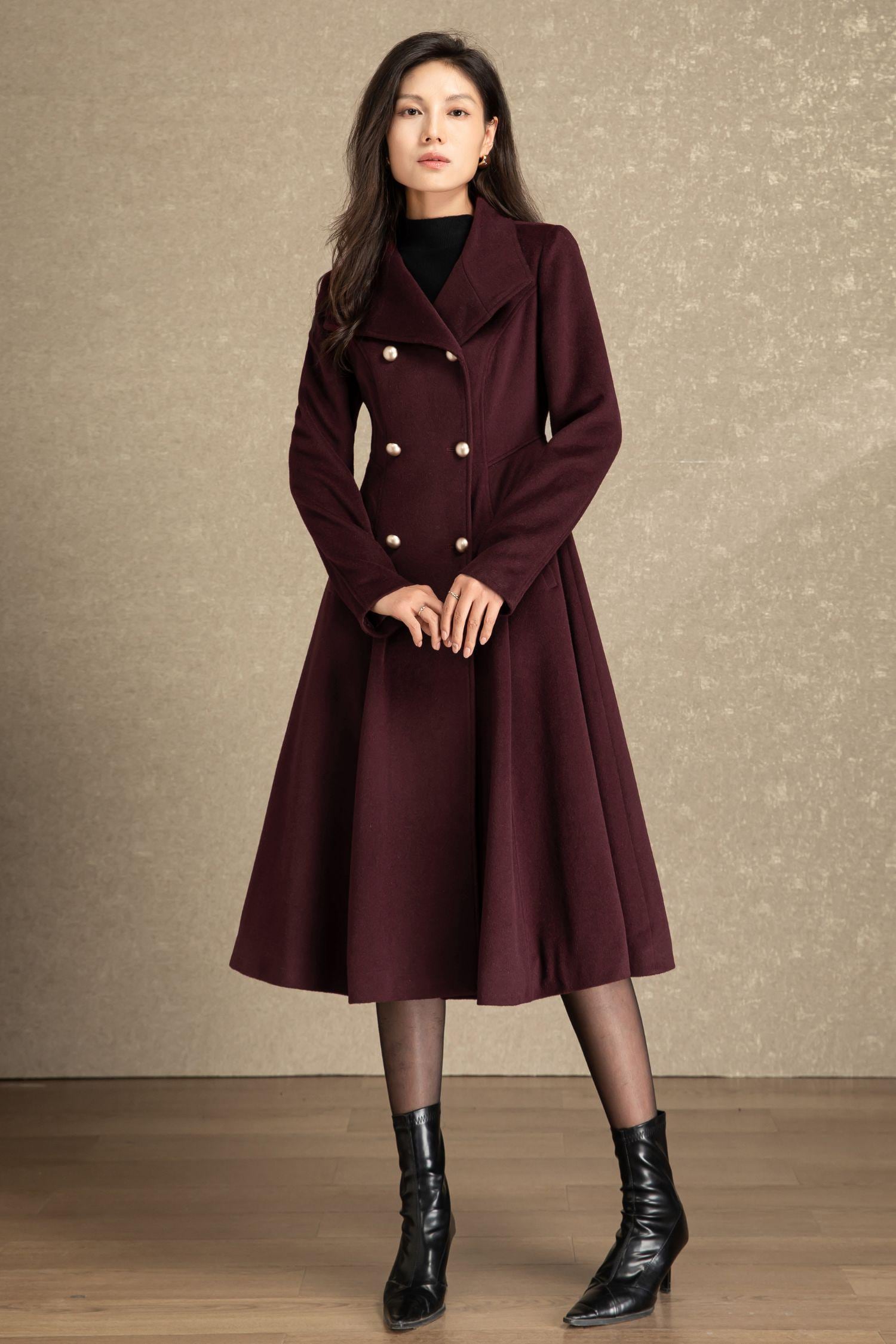 cornier コルニエ PAPER WOOL DOUBLE LONGCOAT Burgundy Wool Coat, Long Wool Coat, Womens Coat, A Line Coat