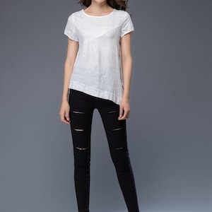 T-shirt en lin blanc, T-shirt irrégulier, col rond, T-shirt ample, T-shirt décontracté pour femme C949 image 5