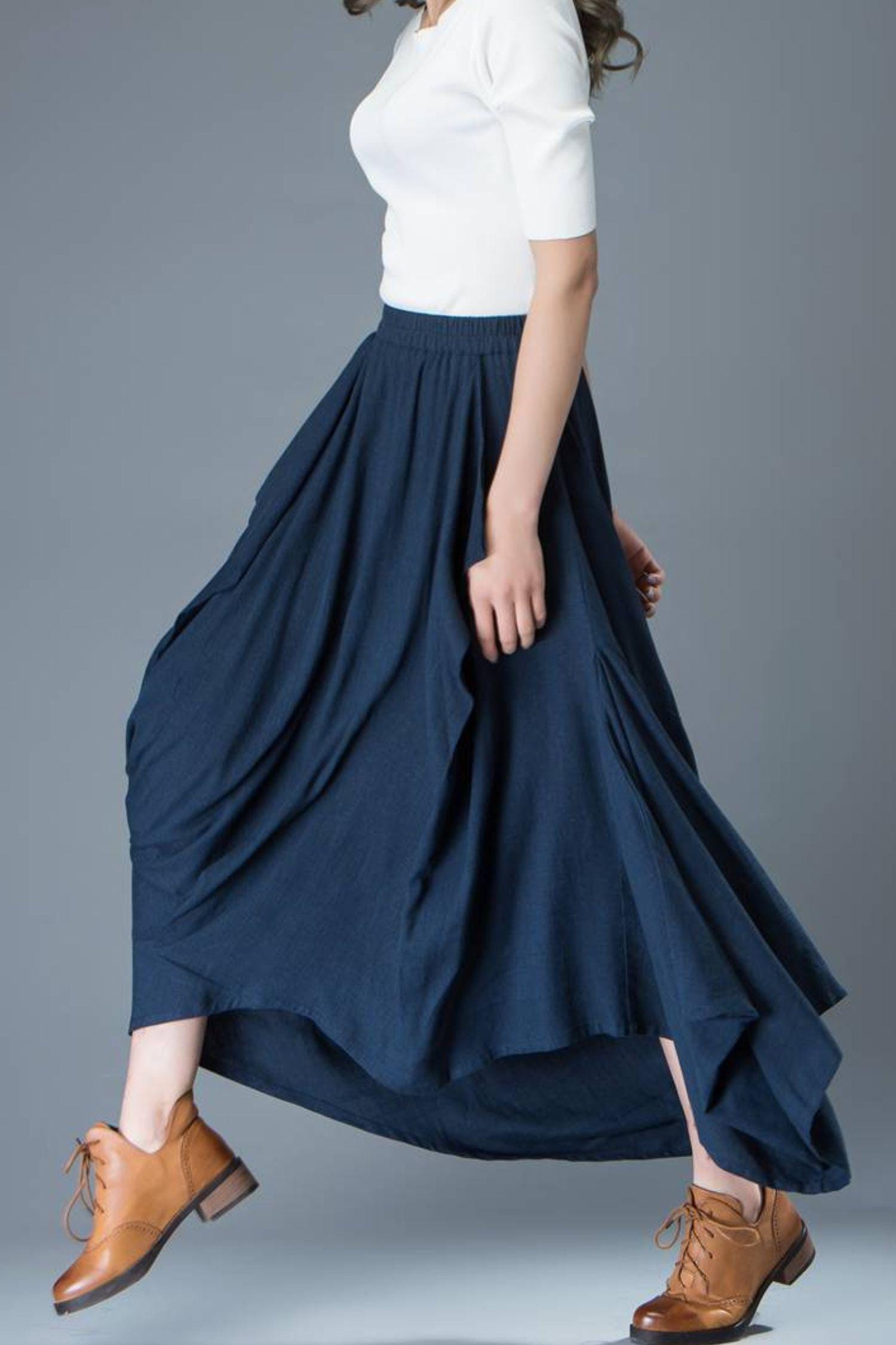 Asymmetrical Linen Maxi Skirt: Navy Blue Autumn Plus Size