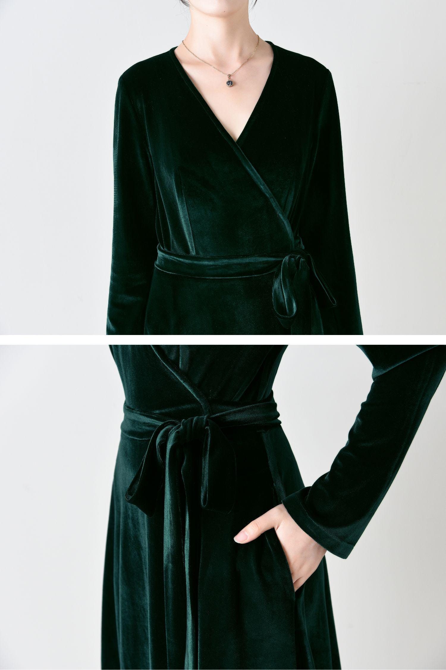 green velvet wrap dress zara Dark Maxi with V-Neck and Long Sleeves Green / XS inclusivebmd