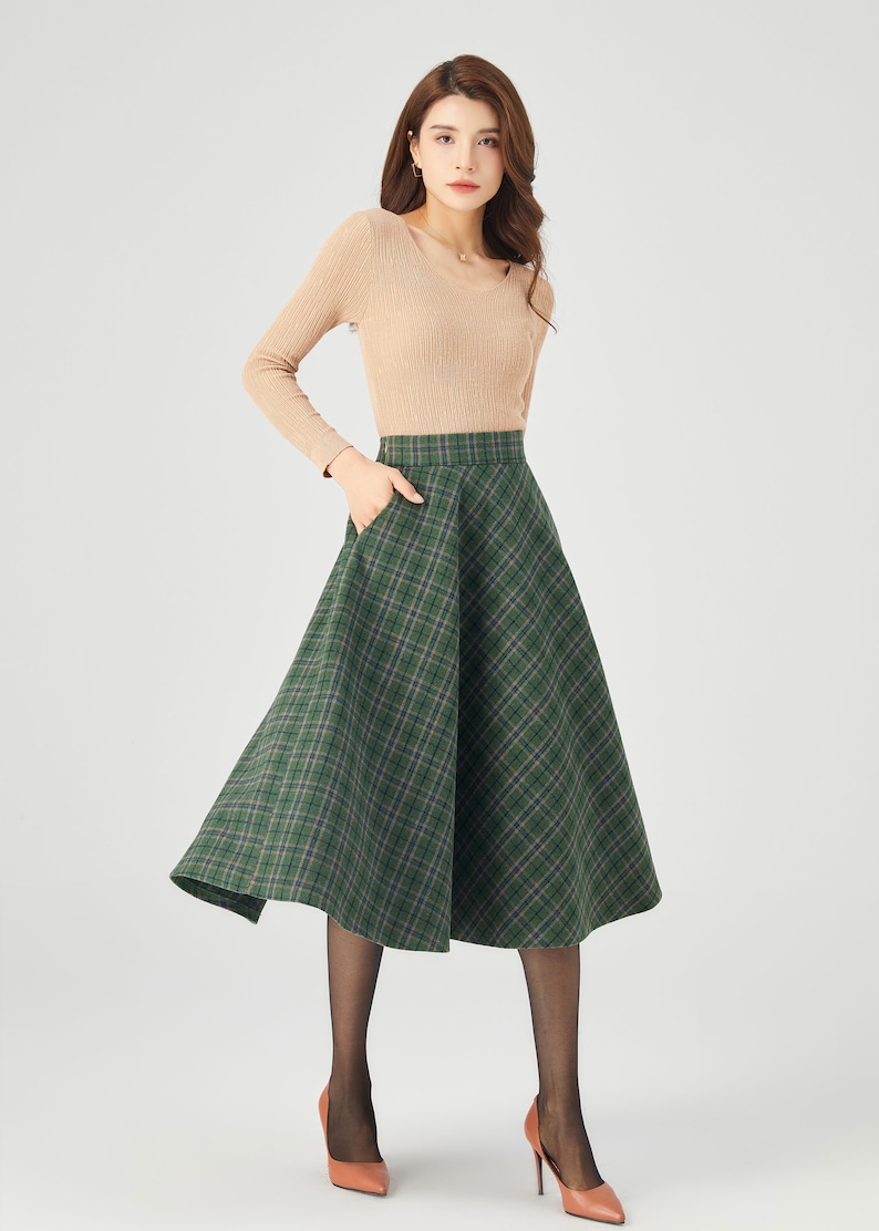 Plaid Wool Skirt, Midi Wool Skirt, A line Skirt, Winter Skirt Women, Swing Skirt, Skirt with Pockets, Handmade skirt, Ylistyle C3686 image 6