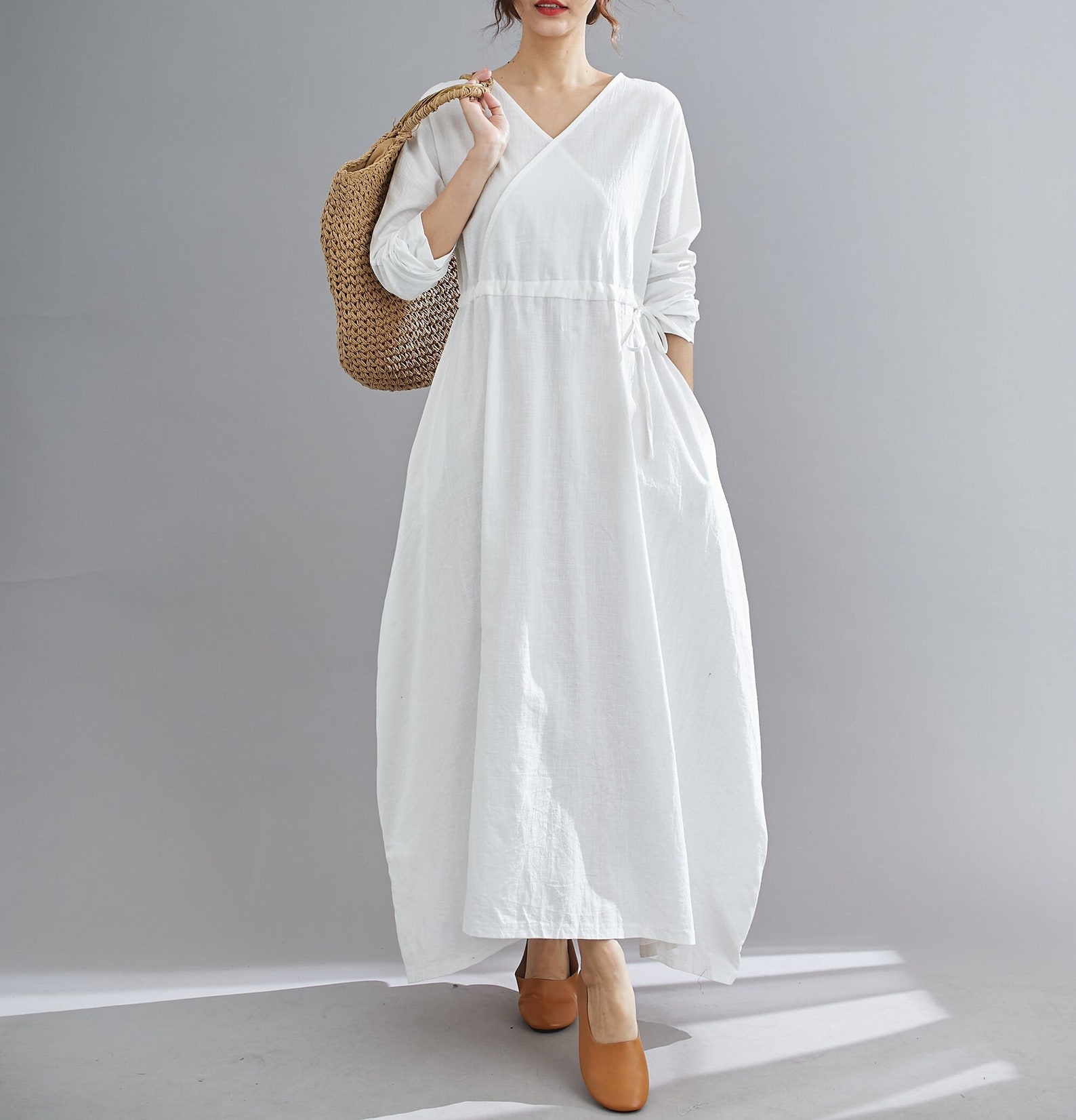 White Linen Maxi Dress Casual Long Sleeves Maternity Dress - Etsy
