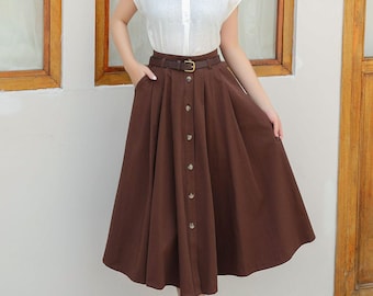 Linen Midi Skirt, Button Down Linen Skirt, Womens Brown