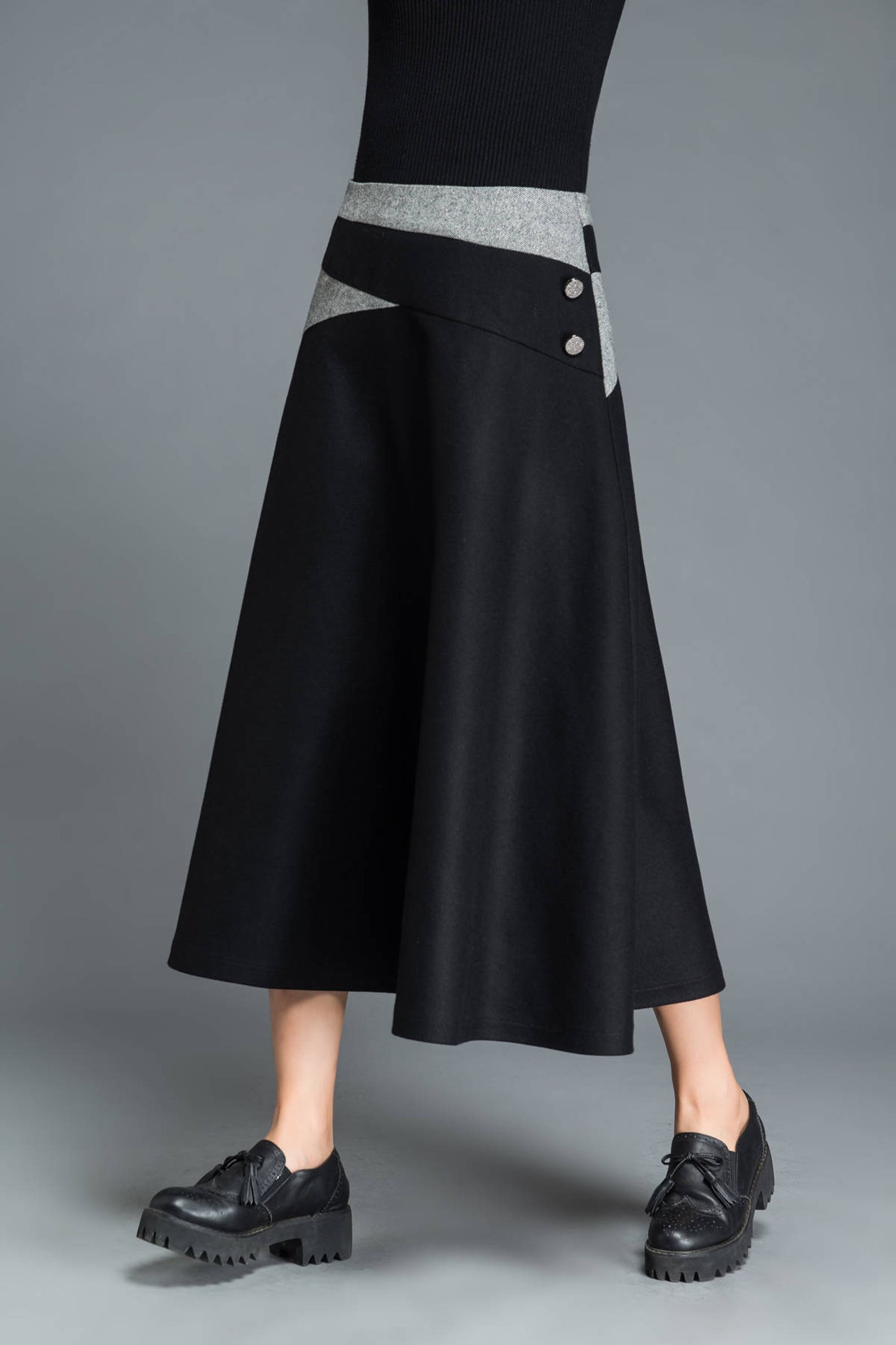 Black wool skirt winter skirt A line skirt patchwork skirt | Etsy