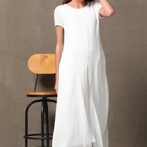 Short sleeve White maxi linen dress for women, summer cotton linen solid casual side slit ankle dress with pockets plus size C534 image 7