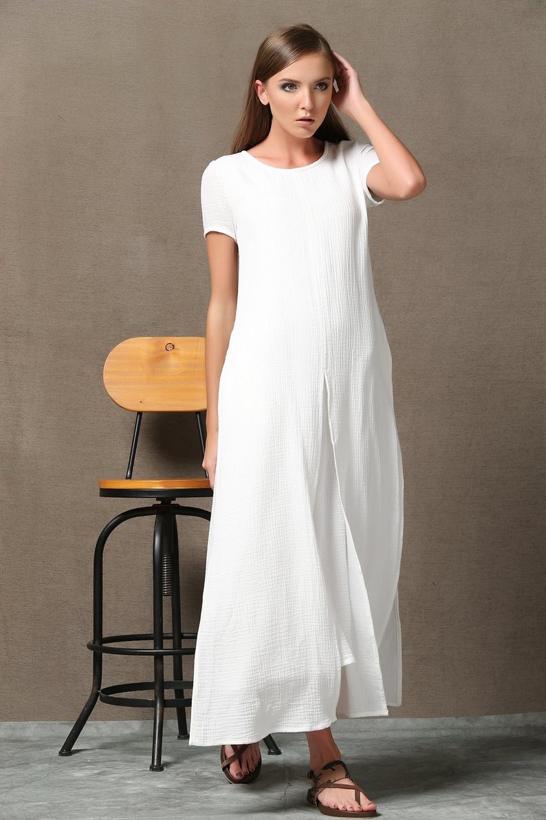 Short sleeve White maxi linen dress for women, summer cotton linen solid casual side slit ankle dress with pockets plus size C534 image 7