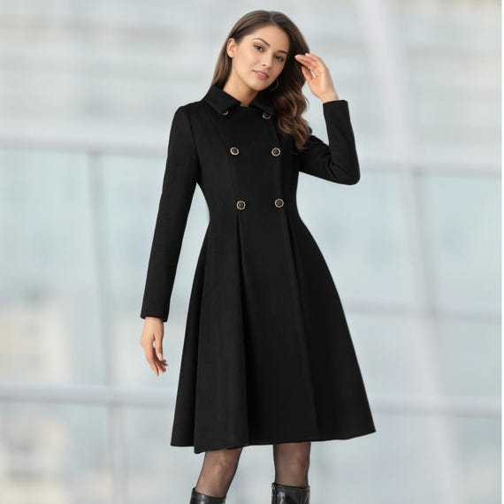 Black Wool Coat, Winter Wool Coat women C3702 Black / XS