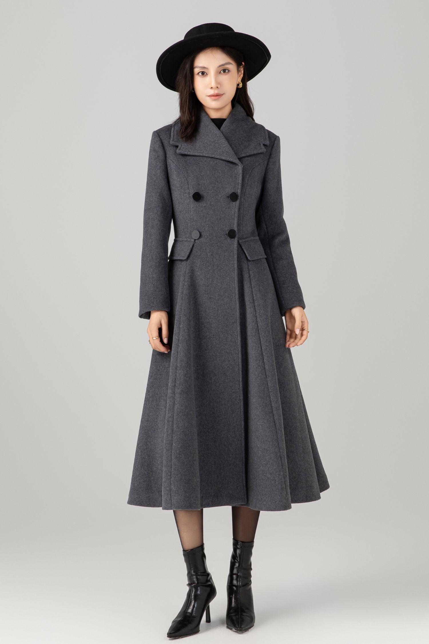 Gray Wool Swing Coat, Fit and Flare Trench Coat, Ylistyle C5270