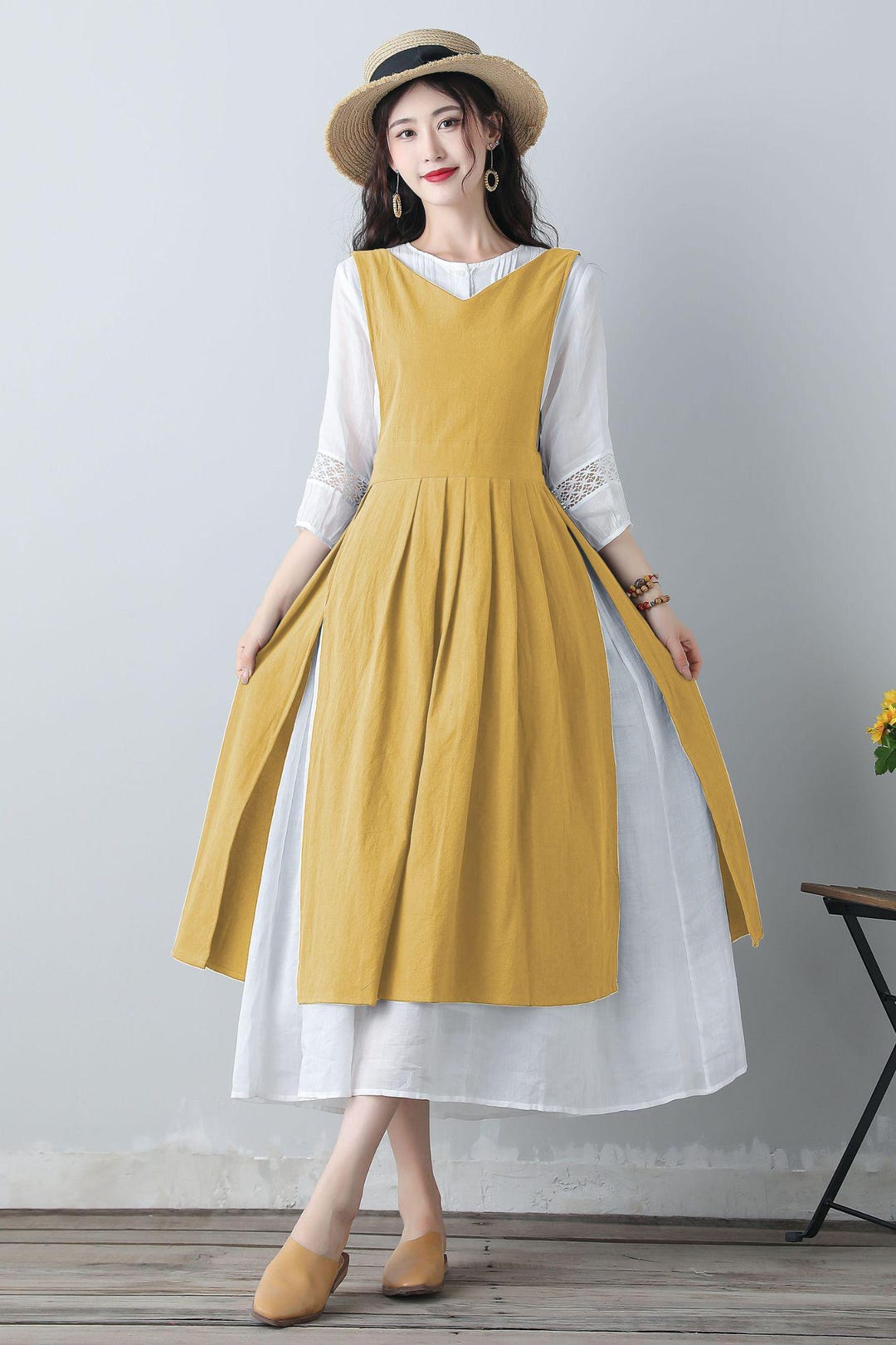Yellow Linen Pinafore Dress: Sleeveless Pleated Midi Summer Dress