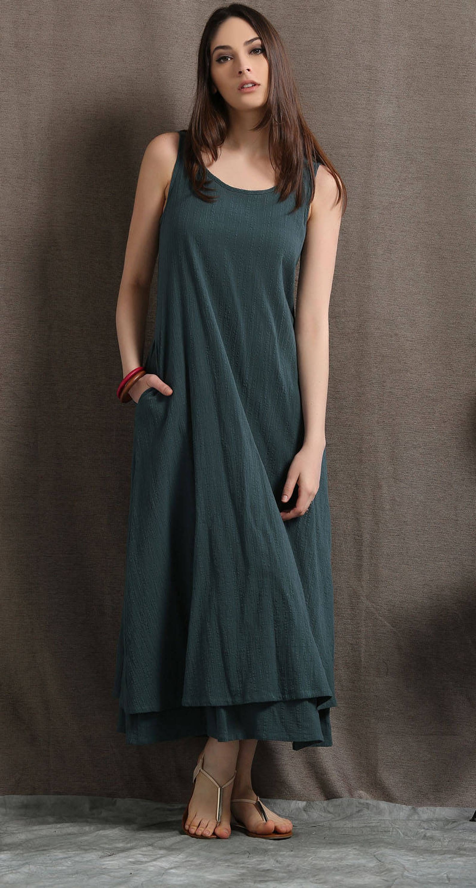 Layered Linen Maxi Dress Long Sage Green Casual Everyday Etsy