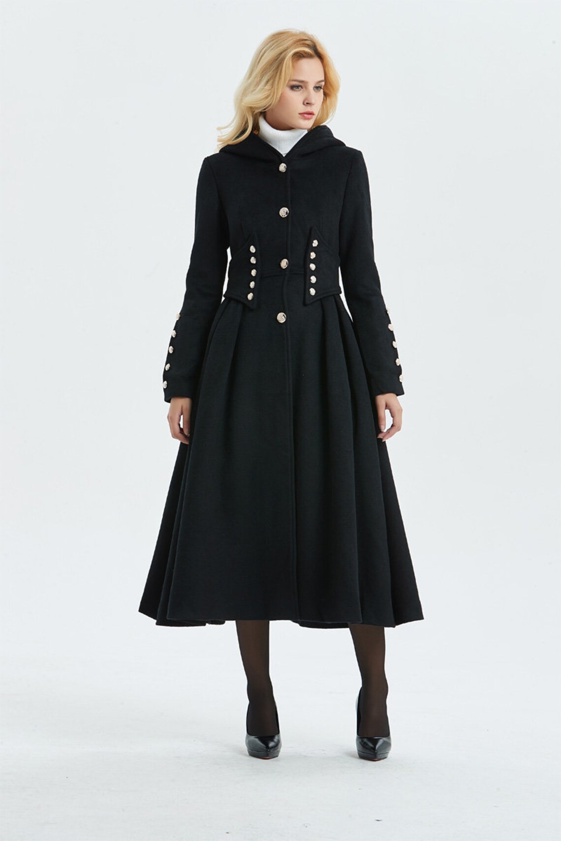 Military coat black wool coat long coat hooded coat womens Etsy