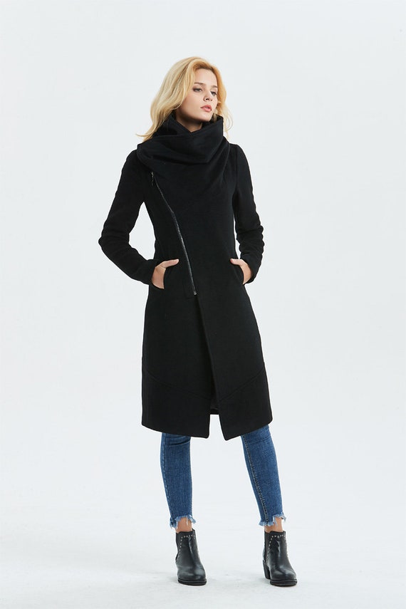 Wool Coat, Asymmetrical Wool Coat, Black Wool Coat, Warm Winter