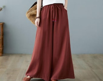 Wide Leg Linen Palazzo Pants, Plus Size High Waisted Culottes, Ylistyle C2372