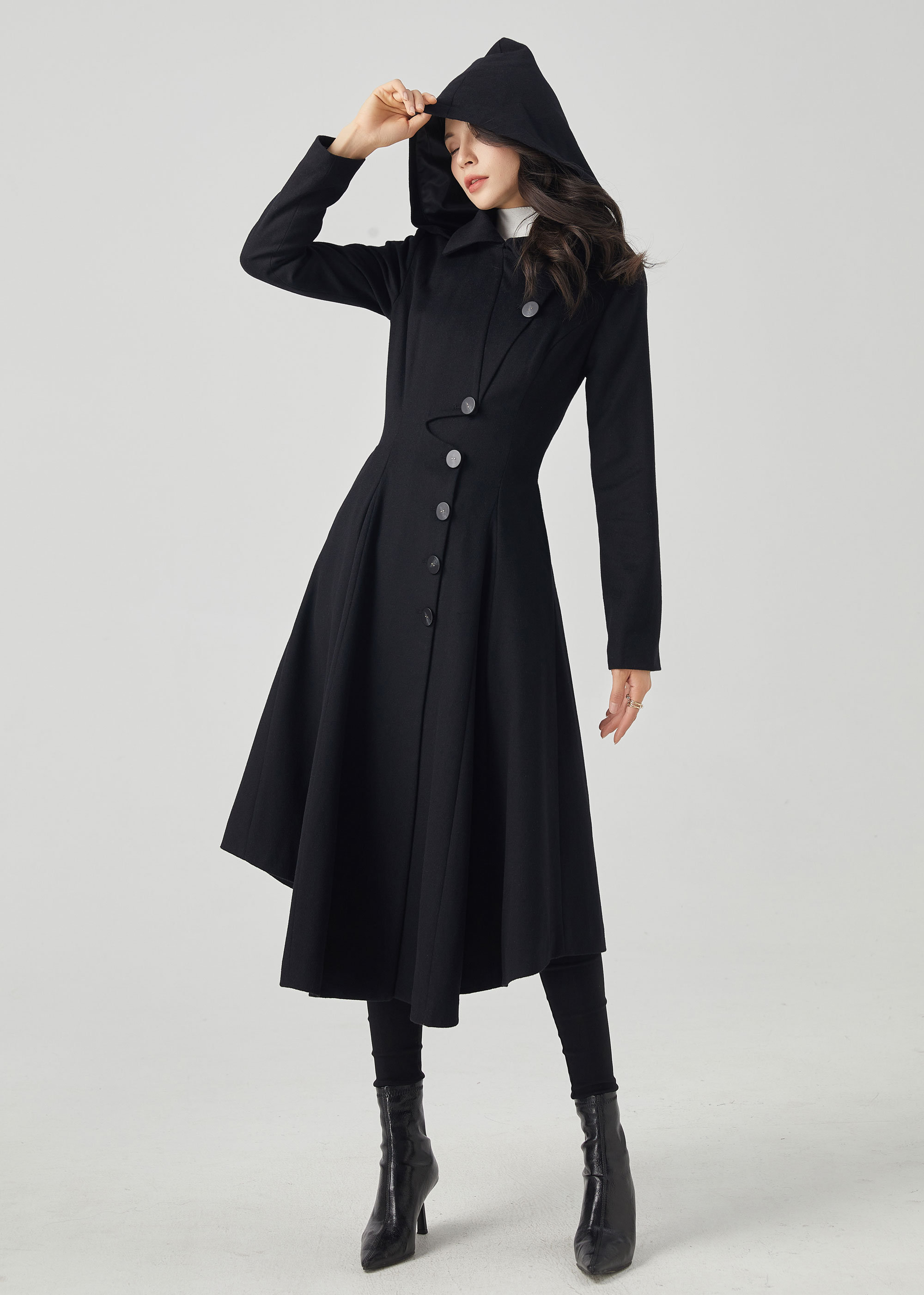 Hooded Wool Coat Women, Blue Wool Winter Coat, Asymmetric Hooded Wool Coat Women, Blue Wool Winter Coat, Asymmetric
