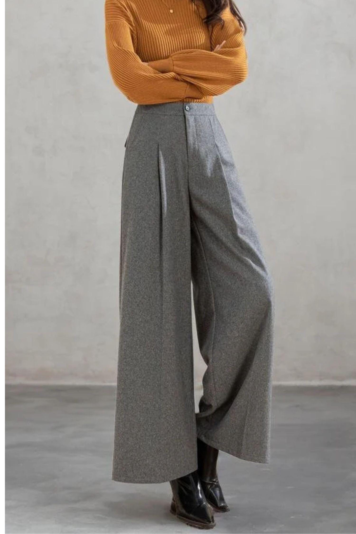 Wide Leg Wool Pants Women, Wool Palazzo Pants, Gray Pants