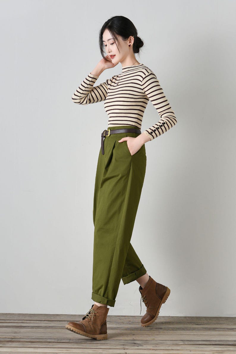 Groene katoenen taps toelopende broek: casual harembroek met elastische taille aan de achterkant, Ylistye C4700 afbeelding 4