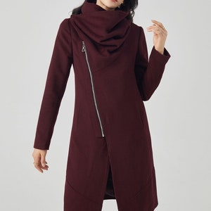 Asymmetrical Wool Coat, winter coat women, Gray Wool Boucle Coat with Front Zipper and Large Cowl Neck Collar, Autumn Winter Outerwear C134 burgundy