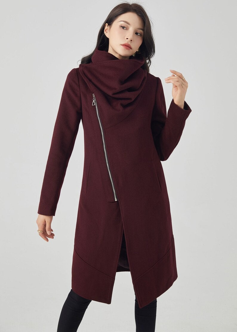 Asymmetrical Wool Coat, winter coat women, Gray Wool Boucle Coat with Front Zipper and Large Cowl Neck Collar, Autumn Winter Outerwear C134 burgundy