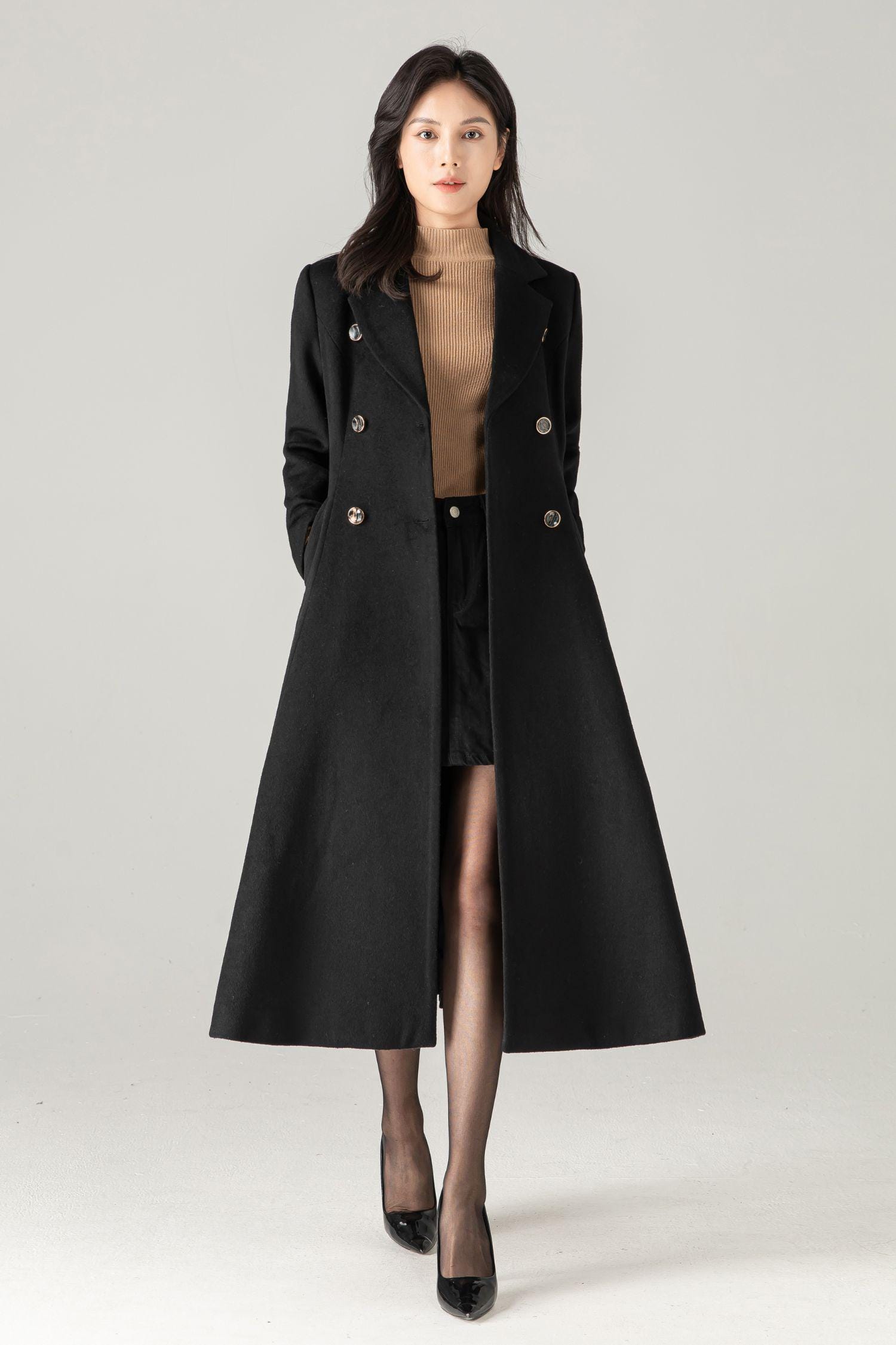 Black Wool-blend Maxi Coat: Double-breasted Belted Swing Overcoat