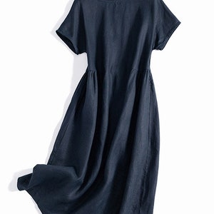 Linen Dress, Linen Midi Dress, Womens Linen Dress, Short Sleeve Dress, Summer Dress, Handmade Dress, Long Linen Dress, Custom Dress C3163 4-Navy blue