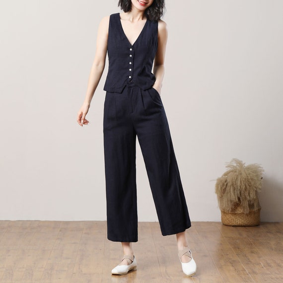 Navy Blue Linen Set, Linen Tops and Pants, Women's Casual Linen Set, Summer Linen Set, Linen Sleeveless Tops Set, Custom Linen Set C3290
