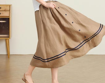Lässiger Leinenrock, Leinenrock mit Knöpfen, Leinenrock mit Knöpfen, A-Linie Midi Rock, Brauner Sommer Frühling Rock mit Taschen, Maßgeschneiderter Rock, Ylistyle C4730