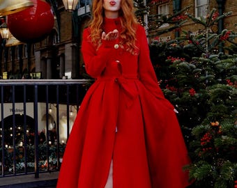 Wool Coat, Long Wool coat, Princess Coat, Red Wool Coat womens, Winter wool Coat, Swing Wool Coat, Handmade Coat, Ylistyle C3781