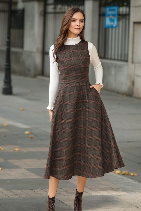 Brown Plaid Wool Midi Dress: Retro A-Line Fall Winter Dress, Custom, Ylistyle C5192