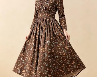 Brown Cotton Linen Dress, Cottagecore A-Line Dress,  Floral Linen Midi Dress, Fit and Flare Dress with Square Neck, Ylistyle C5624